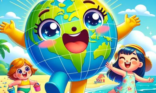 Le personnage principal, un globe terrestre souriant et coloré, est sur la plage, les bras ouverts, débordant d'excitation. À ses côtés, le Petit Continent Américain, un personnage en forme de continent avec un large sourire, s'amuse dans les vagues. L'Asie, une petite fille en robe légère, court sur le sable avec un seau et une pelle, prête à construire un château de sable. La scène se déroule sur une plage ensoleillée avec des dunes de sable doré, des vagues scintillantes et des palmiers. Le globe et ses amis partagent des moments de joie sous le soleil, symbolisant l'esprit des vacances d'été.