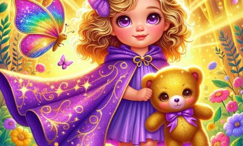 Une petite fille de 2 ans, Lila, aux cheveux bouclés et dorés, porte une cape violette scintillante. Elle a des yeux pétillants de curiosité et un sourire émerveillé, tenant son doudou, un ours en peluche doux. Lila se tient sur un sentier d'une forêt dorée, entourée d'arbres aux feuilles brillantes et de fleurs colorées. À côté d'elle, un papillon arc-en-ciel vole joyeusement, lui chuchotant un secret. Des rayons de soleil filtrent à travers les branches, créant des motifs lumineux sur le sol. Lila, prête à partir à l'aventure, affiche une expression déterminée, tandis que le papillon l'encourage à retrouver la Lumière du Rêve.
