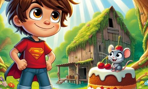 Lucas, un garçon de 10 ans aux cheveux châtains en bataille et aux yeux malicieux, se tient devant une vieille grange abandonnée. Il porte un t-shirt rouge à motif de super-héros et un short en jean, souriant avec détermination tout en tenant un énorme gâteau au thon décoré de cerises. À ses côtés, une petite mère souris grise, avec de grands yeux ronds, l'observe avec espoir, prête à l'encourager. La scène se déroule dans une forêt verdoyante, avec des arbres majestueux et des rayons de soleil illuminant le sol fleuri. La grange, en bois usé et recouverte de lierre, dégage une atmosphère mystérieuse. Lucas, concentré et audacieux, se prépare à défier un chat malicieux pour récupérer le fromage volé en lui offrant le gâteau.