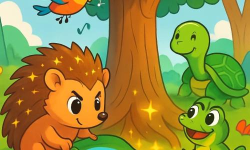 Un hérisson nommé Hector, avec des piquants brillants et des yeux déterminés, est accroupi près des racines d'un vieux chêne, tenant une grande feuille d'eau. À ses côtés, une grenouille verte nommée Lili saute joyeusement en l'admirant. Non loin, une tortue sage nommée Tula les observe avec bienveillance, tandis qu'un oiseau coloré, Coco, vole au-dessus d'eux, illuminé par le soleil. La scène se déroule dans une forêt enchantée où Hector et ses amis versent de l'eau autour des racines du chêne, créant une atmosphère magique et symbolisant leur solidarité.