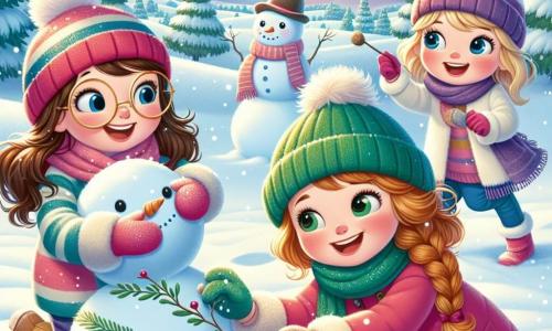 Trois filles joyeuses, Zoé, Mia et Lila, âgées d'environ 8 ans, se trouvent dans un parc enneigé. Zoé, cheveux bruns et lunettes rondes, roule une boule de neige. Mia, aux cheveux blonds bouclés, vêtue d'un manteau rose, lance des flocons de neige. Lila, avec des cheveux châtains et une tresse, accroupie, décore un bonhomme de neige. Le parc est recouvert de neige étincelante, les arbres sont blancs et le ciel est bleu avec quelques nuages. Les trois amies s'amusent à créer un bonhomme de neige sous une aurore boréale qui illumine le ciel.