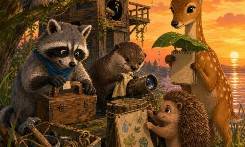 Rafi, petit raton laveur aux yeux vifs et masque noir, souriant, museau taché de cambouis, tient une boîte à outils en bois et colle une étiquette sur la poignée ; Lili la loutre, pelage brun luisant, accroupie, frotte une lentille avec un chiffon ; Colin le hérisson, rond et timide, attache une page de la charte à une souche ; Pivoine la biche, grande et délicate, protège un carnet avec une feuille large ; une chouette grise observe depuis une branche ; lieu : observatoire rustique en bois sur une colline au bord d’une rivière au coucher de soleil ; situation : les animaux réparent et décorent une charte écologique, ramassent quelques déchets plastiques et échangent des outils dans une ambiance collaborative et chaleureuse.
