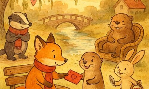 Milo, un petit renard au pelage miel et écharpe rouge, offre timidement une enveloppe rouge décorée d’un cœur à Nia, une loutre au regard pétillant tenant un minuscule bateau en écorce, assise sur un banc au bord d’une rivière de village sous un saule pleureur ; autour d’eux Pacha, un castor plus âgé, se repose dans un fauteuil en osier, Lila, une lapine, distribue des biscuits en forme de cœur depuis son panier et Timo, un blaireau, tient une grosse écharpe en souriant, le tout baigné d’une lumière douce de fin d’après-midi avec guirlandes de cœurs et couleurs aquarelle chaudes.