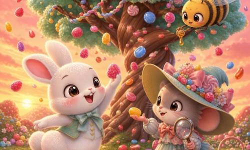 Petit lapin chibi Léo au pelage blanc nacré saupoudré, yeux ronds brillants et bouche ouverte de joie, danse en levant une patte pour attraper un bonbon coloré; Madame Grignote, petite souris chibi au chapeau trop grand et loupe, sourit en tendant la main pour recevoir un bonbon; une abeille ronde et malicieuse vole au-dessus en tenant une goutte de sirop doré; au centre, un grand arbre à bonbons au tronc brun tordu et feuilles vert menthe porte des douceurs pastel et des guirlandes de réglisse qui tombent en pluie; la clairière herbeuse parsemée de mini fleurs sous un ciel rose-orangé de coucher de soleil crée une lumière chaude et douce; l’ensemble dégage une ambiance festive, joyeuse et de partage tandis que des bonbons pleuvent autour des personnages.