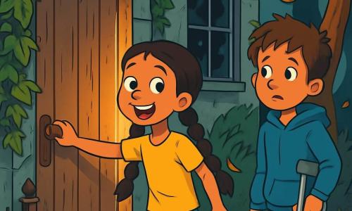 Deux personnages principaux se distinguent : Nina, une fille de 10 ans aux longues tresses brunes et yeux curieux, porte un t-shirt jaune et un short en jean. Elle est devant une vieille porte en bois, prête à l'ouvrir avec un sourire excité. Édouard, un garçon de 10 ans avec des cheveux châtains en bataille et une béquille, porte un sweat à capuche bleu et un pantalon noir, observant la scène avec curiosité et nervosité. Le lieu est une maison abandonnée, entourée d'arbres aux branches tordues et envahie par des mauvaises herbes. La façade est couverte de lierre et les fenêtres sont poussiéreuses et brisées, laissant entrevoir des ombres mystérieuses. Nina et Édouard sont devant la porte, prêts à entrer, une lumière douce filtrant à travers les fissures, créant une atmosphère intrigante et légèrement inquiétante.