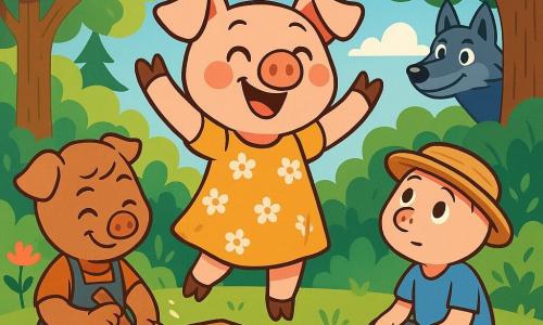 Au centre de l'image, Léane, la petite cochonne intrépide, est joyeuse et excitée. Elle a un pelage rose, des yeux malicieux et porte une petite robe à fleurs. Elle se tient debout sur une planche de bois, prête à s'envoler dans l'aventure. À sa droite, Pierre, le rêveur, est assis par terre, les yeux sur les nuages, avec un pelage clair et une casquette en paille. À gauche, Lucas, le bâtisseur, sculpte une pièce de bois avec un sourire, portant un tablier en toile. En arrière-plan, une forêt verdoyante avec des arbres majestueux et des fleurs colorées sous un ciel bleu clair illumine la scène. Léane est prête à partir à l'aventure avec ses frères, tandis que Grimou, le loup, les observe de loin, intrigué et curieux.