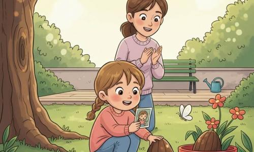 Fille de 4 ans émerveillée, couettes brun clair, yeux noisette, joues roses et chaussettes rayées, accroupie devant un pot de fleurs rouge, tenant une petite photo d’elle et tirant doucement un gros œuf en chocolat emballé; une mère d’environ 30 ans, châtain attaché, en pull et jean, souriante et applaudissant un pas derrière; un petit papillon blanc posé sur le rebord du pot; jardin lumineux avec herbe, grand arbre à gauche, terrasse en bois clair et pot rouge près d’un mur bas en arrière-plan; ambiance douce et joyeuse, couleurs pastel saturées, traits nets, contours arrondis et textures simples pour un rendu enfantin.