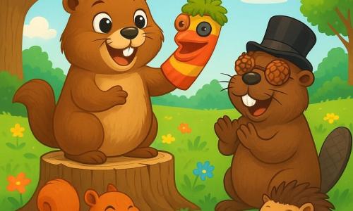 Une marmotte joyeuse, aux poils bruns et soyeux, se tient sur une souche en bois, souriante. Elle tient une marionnette en chaussette, Fanfan le Malin, dans une pose comique. À proximité, un castor au chapeau melon de travers applaudit avec enthousiasme. La scène se déroule dans une prairie verdoyante, entourée d'arbres, sous un ciel bleu. La marmotte improvise un spectacle hilarant, faisant rire tous les animaux rassemblés, dont un écureuil et un hérisson en première ligne.