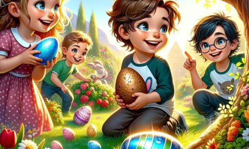 Dans un jardin ensoleillé, Lucas, 8 ans, avec des cheveux bruns et un t-shirt à lapin, est accroupi avec un œuf en chocolat bleu. Clara, 7 ans, cheveux blonds tressés et robe rose à pois, sourit avec un œuf en forme de lapin. Léo, 9 ans, avec des lunettes, pointe un grand œuf doré derrière un arbre. Max, 6 ans, aux cheveux noirs et t-shirt vert, découvre un œuf en chocolat près d'une souche. Le jardin est coloré avec des tulipes, jonquilles et pâquerettes, et un grand arbre offre de l'ombre. Les enfants, en chasse aux œufs de Pâques, rient et s'émerveillent, tandis qu'un éclat de lumière scintille autour de l'œuf doré.