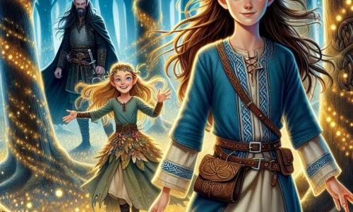 Freya, une jeune femme aux longs cheveux châtains, se tient fièrement au centre de la scène, exprimant une détermination lumineuse. Elle porte une tunique en lin bleu ornée de motifs celtiques et lève les bras, entourée d'une aura magique. À ses côtés, Luma, une fée aux ailes scintillantes et aux cheveux dorés, vole joyeusement en l'encourageant. En arrière-plan, le sorcier maléfique Bjorn, un homme d'âge moyen aux cheveux noirs, se tient dans l'ombre, prêt à lancer un sort. La scène se déroule dans une forêt enchantée, créant une atmosphère magique et mystérieuse, avec Freya prête à affronter Bjorn, tandis que Luma l'encourage.