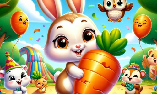 Léo, un petit lapin aux grandes oreilles blanches et au pelage brun, saute joyeusement dans une clairière ensoleillée, tenant une carotte géante décorée de confettis. À côté de lui, Oscar, le hibou sage, observe amusé depuis une branche, portant un chapeau en forme de carotte. Mimi, la souris espiègle, essaie d'éclater un ballon coloré en forme de carotte. La clairière, entourée d'arbres verts et de fleurs dansantes, abrite un toboggan en forme de carotte. Léo et ses amis préparent une fête de la carotte, remplie de rires et de joie.