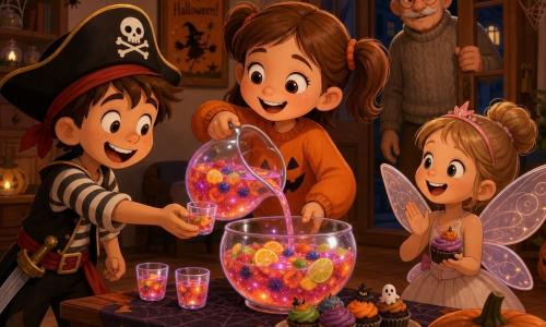 Émilie, 8 ans, cheveux châtains en couette et pull orange, verse depuis un grand bol un jus multicolore brillant dans des petits verres ; à sa gauche Lucas, ~9 ans déguisé en pirate, tend la main, à sa droite Léa, ~7 ans déguisée en fée, applaudit en tenant un cupcake ; Monsieur Dupont, ~70 ans et moustachu, observe la scène depuis une porte ou une fenêtre entrouverte avec un sourire attendri ; intérieur : salon chaleureux décoré pour Halloween (lumière orange douce, guirlandes de petites citrouilles lumineuses, grosses citrouilles sculptées, toiles d'araignée décoratives, lanternes en papier) ; ambiance conviviale et joyeuse centrée sur le geste de partage d'Émilie ; style : rendu 3D cartoon cel-shading, couleurs saturées, textures nettes et volumes ronds.