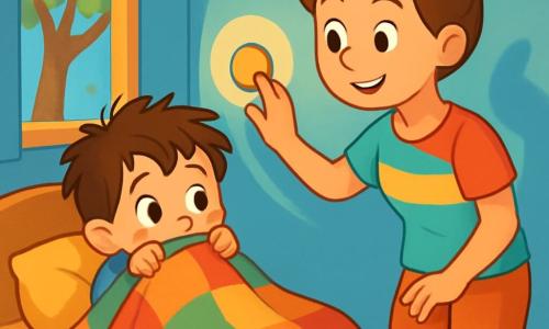Un petit garçon de 2 ans, aux cheveux bruns en désordre et aux grands yeux curieux, se cache sous une couverture colorée, affichant une expression de peur mêlée de curiosité en regardant une ombre sur le mur. Sa maman, souriante, d'environ 30 ans, aux cheveux châtains en chignon, se tient à côté de lui, prête à allumer la lumière. La scène se déroule dans une chambre d'enfant chaleureuse, avec des murs bleu pastel et des jouets éparpillés. Le garçon observe l'ombre qui bouge lentement, tandis que sa maman s'apprête à dissiper ses craintes.