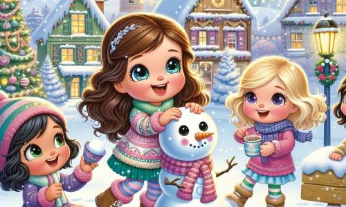 Quatre petites filles de cinq ans, Clara, Lila, Zoé et Chloé, jouent dans la neige. Clara, souriante, fait un bonhomme de neige. Lila, aux cheveux bouclés et blonds, lance une boule de neige vers Zoé, qui tient un gobelet de chocolat chaud. Chloé, aux cheveux lisses et noirs, les observe avec un sourire. Le décor est une place de village en hiver, avec des maisons colorées et un sapin décoré. Des flocons de neige tombent, créant une atmosphère magique. Les amies partagent des moments de joie sous le soleil, tandis que des Aurores Boréales dansent dans le ciel au loin.