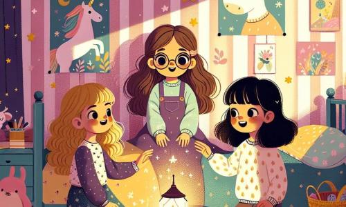 Dans une chambre chaleureuse, trois petites filles sont réunies. Lila, 7 ans, avec de longs cheveux bruns et des lunettes rondes, est assise sur son lit, effrayée. À sa droite, Mia, 6 ans, aux cheveux blonds et bouclés, tient une lampe en forme d’étoile qui éclaire doucement la pièce. À gauche, Zoé, 7 ans, avec des cheveux raides et noirs, fait des ombres sur le mur en souriant. La chambre est décorée de murs pastel, de posters de licornes et d'étoiles scintillantes, avec un tapis moelleux au sol et des jouets éparpillés. La lumière de la lampe crée des ombres dansantes, ajoutant une atmosphère magique. Les trois amies jouent ensemble, transformant leur peur du noir en un jeu d’ombres et de rires, découvrant que la nuit peut être douce et pleine d’aventures.