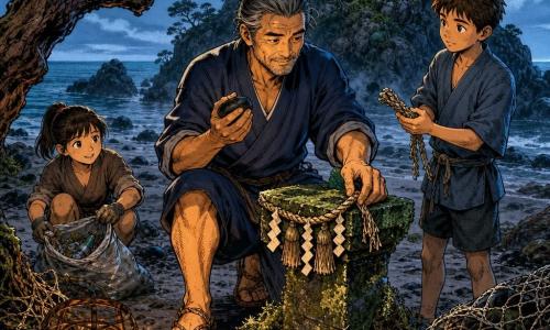 Hayate, un homme d'une cinquantaine d'années au visage doux et barbe grise naissante, tient une petite pierre noire tiède dans la main droite et replace délicatement une corde sacrée shimenawa sur un autel de pierre moussu; à sa droite un garçon d'environ 13 ans aux cheveux bruns tend un fragment de corde réparé, à gauche une fille d'environ 11 ans, cheveux en queue-de-cheval et mains sales mais souriante, tient un sac de déchets accroupie au pied d'un pin tordu; la scène se déroule sur une petite île rocheuse couverte de bambous et pins, plage de sable gris clair, filets et algues au sol, une lanterne flottante orange pâle glisse au ras de l'eau projetant une lueur douce sur les visages, atmosphère cérémoniale et calme axée sur la réparation et le nettoyage, palette de tons marins avec accents chauds et textures détaillées, composition en plan moyen centrée sur Hayate avec les enfants formant un triangle, style lignes nettes et couleurs plates rappelant un comics américain pour enfants.