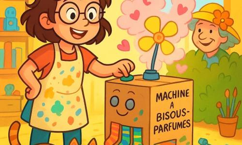 Lila, une jeune femme souriante avec des lunettes rondes et des cheveux en désordre, se trouve dans son atelier en désordre, entourée de pots de peinture et d'outils éparpillés. Elle porte un grand tablier taché et a un regard pétillant d'excitation en ajustant sa Machine à Bisous-Parfumés, une boîte en carton décorée de chaussettes colorées et d'un ventilateur brillant. À côté d'elle, Minou, un chat rayé, s'étire sur le sol, curieux de la machine. Plus loin, Madame Rosa, une femme âgée au grand chapeau fleuri, se penche par-dessus la haie, intriguée. L'atelier est lumineux, avec des rayons de soleil illuminant les étagères chargées de livres et de jouets, créant une atmosphère joyeuse. La scène principale montre Lila appuyant sur le bouton de sa machine, libérant un nuage de bisous parfumés, tandis que Minou cligne des yeux de surprise et que Madame Rosa sourit, ravie.