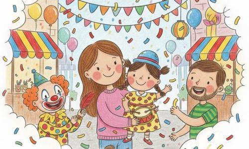 Lila, 2 ans, souriante et émerveillée, joue avec un petit tambour rouge et attrape des confettis ; elle a des couettes brunes, un chapeau rond bleu, de grosses joues roses et une robe jaune à fleurs. À gauche, un clown maquillé et joyeux tend une plume rouge, derrière elle sa maman tendre la porte dans les bras et à droite son papa, surpris et riant, lui montre un confetti ; un petit chien beige au foulard rouge court en remuant la queue. La rue du carnaval est décorée de guirlandes, ballons, lampions et stands rayés, des confettis tombent en pluie autour des personnages ; ambiance joyeuse, colorée, lumineuse, traits simples et textures crayonnées, formes rondes et couleurs saturées.