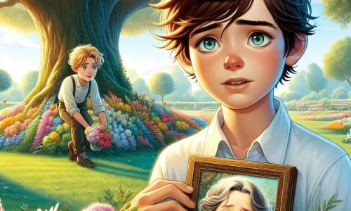 Un garçon de 11 ans, Thomas, avec des cheveux châtains en bataille et des yeux curieux, se tient sous un grand chêne dans un parc ensoleillé. Il exprime une douce mélancolie en tenant un cadre photo de sa grand-mère, entouré de fleurs colorées. À ses côtés, Lucas, également 11 ans, aux cheveux blonds et lunettes rondes, le regarde avec compassion, tandis qu'Emma, 10 ans, aux cheveux bruns et tresses, s'agenouille près des fleurs avec un sourire chaleureux. Le parc est lumineux, avec des arbres majestueux et des fleurs dansant dans la brise, créant une atmosphère paisible. Thomas et ses amis rendent hommage à sa grand-mère disparue, illustrant la beauté de l'amitié et le pouvoir des souvenirs dans la tristesse.