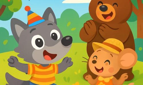 Petit Loup, un jeune loup aux grands yeux ronds et au pelage gris, danse joyeusement avec un sourire. Il porte un chapeau coloré et un t-shirt rayé. À côté de lui, Souricette, une petite souris au pelage brun clair et aux grandes oreilles, rit en portant une robe à fleurs et un chapeau en paille. Ours Brun, un ours costaud au pelage brun foncé, applaudit en les encourageant. La scène se déroule dans une clairière ensoleillée, entourée d'arbres verts et de guirlandes colorées, avec un sol recouvert d'herbe et de fleurs sauvages, tandis qu'un feu de camp crépite doucement. Les amis dansent pour célébrer la fin des vacances d'été, créant une ambiance de bonheur et d'amitié.