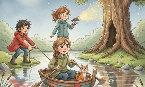 Une nuit douce au clair de lune : une fille de 10 ans aux yeux curieux et tresse châtain, visage déterminé et sourire discret, rame doucement dans une petite barque réparée, veste kaki et bottines boueuses ; un garçon de 11 ans aux cheveux noirs en bataille et manteau rouge tire la corde depuis la rive gauche, mains tendues et encouragements ; une fille de 9 ans aux cheveux bouclés attachés tient une lampe de fortune à l'avant, regard émerveillé vers un vieux tilleul massif à l'autre rive, dont l'écorce crevassée et les branches basses sont couvertes de feuilles lumineuses ; un chat roux blotti près des rames, moustaches frémissantes ; la rivière calme reflète la lune, berges de mousse et pierres lisses, roseaux délicats ; ambiance de camaraderie, courage et aventure enfantine, éclats de lampe et reflets dorés sur l'eau.