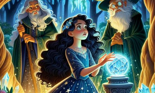 Au centre de l'image, Althéa, une jeune sorcière de 12 ans, se tient émerveillée avec de longs cheveux noirs et une robe bleue ornée d'étoiles scintillantes. Elle tient la Pierre de Lune, une gemme argentée qui illumine son visage. À ses côtés, Thalès, un vieux sorcier de 70 ans avec une longue barbe blanche, l'observe avec fierté, vêtu d'une robe en velours vert foncé. Ils se trouvent dans un jardin secret baigné de lumière dorée, entouré de fleurs colorées et d'une fontaine scintillante. Althéa découvre la Pierre de Lune sur un piédestal de marbre, encouragée par Thalès, créant une atmosphère magique et une connexion entre maître et élève.