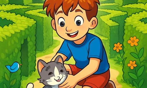 Un garçon de 10 ans, Lucas, aux cheveux ébouriffés et aux yeux pétillants, se tient au centre d'un labyrinthe verdoyant, souriant. Il porte un t-shirt bleu et un short rouge, accroupi en caressant un chaton gris aux taches blanches qui ronronne à ses pieds. Le labyrinthe est constitué de haies vertes formant des chemins sinueux, avec des rayons de soleil créant des ombres au sol. À l'arrière-plan, des fleurs colorées et des oiseaux chantants ajoutent de la magie à l'environnement. Lucas, concentré, est prêt à découvrir le trésor caché au centre, tandis que le chaton symbolise la douceur et l'amitié, offrant réconfort dans les moments difficiles.