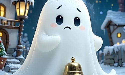 Lumi est un petit fantôme rond, blanc nacré et joufflu, aux joues argentées et grands yeux brillants ; doux et inquiet, il pose une main de brume sur une petite clochette en métal doré au visage timide, posée sur un pilier de sucre. En arrière-plan, maisons en sucre blanc aux toits en sucre d'orge, chemins scintillants de poudre d'étoiles et lampadaires portant des bulles lumineuses ; ciel bleu nuit velouté parsemé d'étoiles roses et jaunes. Lumi flotte légèrement avec une traînée de brume argentée, penché vers la clochette qui tremble en laissant échapper une note dorée ; couleurs vives, contours fins, textures douces et brillantes, ambiance chaleureuse, composition centrée en plans rapprochés et éclairage doux des bulles.