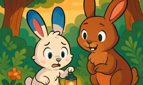 Un jeune lapin nommé Oscar, avec un pelage blanc et des oreilles bleu myrtille, se tient au centre de la clairière, curieux et un peu inquiet, regardant une ombre sous son lit de mousse. Sa maman, Madame Lapin, au pelage brun et aux yeux réconfortants, lui sourit tendrement, prête à l'encourager. La clairière, entourée de grands chênes et de fleurs colorées, est baignée par la lumière dorée du soleil couchant. Oscar, hésitant mais déterminé, fait face à l’ombre, tandis que la douce lumière de la lanterne éclaire son visage, opposant l’obscurité à l’amour maternel.