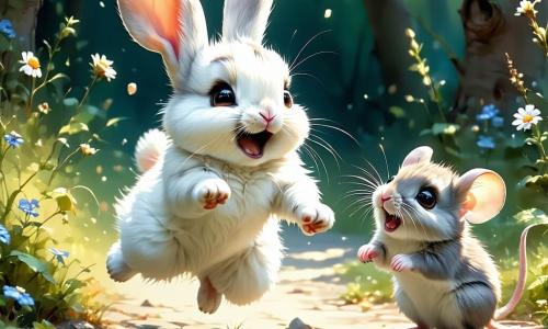 Au centre de la scène, Léo, un jeune lapin aux grandes oreilles et à la fourrure blanche, exprime une joie contagieuse avec un grand sourire. Il saute avec enthousiasme, prêt à encourager ses amis à participer à la course. À sa droite, Mia, une petite souris grise avec de grands yeux brillants, le regarde avec admiration, tenant une banderole "Tous ensemble !" À gauche, Nino, un hérisson aux piquants dorés, sourit avec fierté, levant ses petites pattes comme s'il applaudissait, portant un foulard rouge pour soutenir l'égalité des genres. Le décor est une clairière verdoyante remplie de fleurs colorées et d'arbres majestueux, sous un ciel bleu éclatant. La scène montre Léo, Mia et Nino, unis dans l'excitation, prêts à participer à la course, illustrant l'esprit d'équipe et de solidarité dans la forêt.