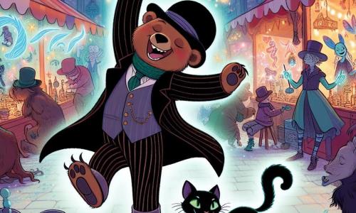 Un ours dansant nommé Barnabé, portant un chapeau melon et une redingote rayée, sourit joyeusement au centre d'un marché souterrain vibrant, entouré de créatures fantastiques. À sa droite, un chat noir nommé Minuit, aux yeux émeraude, l'observe avec curiosité. Le marché est rempli de couleurs éclatantes, avec des étals de potions scintillantes, des fées aux ailes translucides et des centaures discutant. L'atmosphère est magique, avec des lumières scintillantes. Barnabé, en pleine danse, attire l'attention des Chuchoteurs, des voleurs invisibles qui se matérialisent autour de lui, révélés par sa danse. C'est un moment de tension et de magie, où l'amitié et le courage se rencontrent dans ce monde fantastique caché.