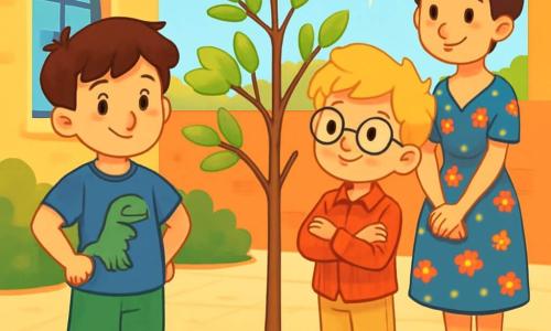 Trois personnages sont présents : Maxime, un garçon de 8 ans avec des cheveux châtains et un t-shirt bleu, se tient près d'un jeune arbre, souriant timidement ; Léon, également âgé de 8 ans, avec des cheveux blonds et des lunettes, admire l'arbre en croisant les bras ; Madame Dupont, une femme d'une trentaine d'années en robe fleurie, sourit chaleureusement aux enfants. L'action se déroule dans une cour d'école ensoleillée, où un petit arbre vient d'être planté, entouré de dessins colorés. Maxime et Léon, entourés de leurs camarades, évoquent des souvenirs joyeux de leur grand-père, tandis que Madame Dupont les regarde avec bienveillance, créant une ambiance festive et émotive.