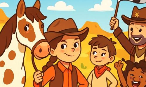 Lucy, une cow-girl aux cheveux châtains tressés, porte un chapeau en feutre incliné et un gilet en cuir. Elle est déterminée et joyeuse, prête à relever un défi. À ses côtés, sa jument Pluie, blanche avec des taches brunes, se tient fièrement. Zoé, sa meilleure amie de 10 ans aux cheveux bouclés, l'encourage avec enthousiasme. Sam, un garçon rusé de 11 ans avec un bandana rouge, l'observe avec un regard malicieux. La scène se déroule dans la vallée d’Étoile-du-Far-West, entourée de collines dorées et de cactus, sous un ciel bleu. Lucy se prépare à démarrer la course vers la rivière d’or, pleine d’énergie, tandis que le shérif lève le drapeau pour le départ.