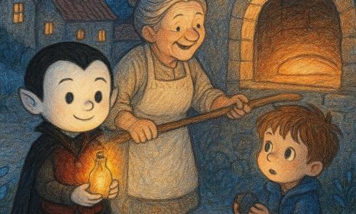 Un petit vampire nommé Léo, garçon au visage rond souriant et à la peau très pâle, en gilet velouté bordeaux et bottes marron, tient délicatement un flacon où scintille une lueur jaune-orangée, le regard doux et concentré. Une vieille boulangère d’environ 70 ans, cheveux gris en chignon et tablier farineux, ouvre la porte d’un four en pierre en souriant, une pelle à pain à la main, tandis qu’un petit garçon de six ans aux cheveux en bataille et manteau bleu montre une petite météorite noire, les yeux ébahis par la lueur. Le village nocturne se compose de maisons basses en pierre aux toits de tuiles rouges, fenêtres fumantes et chemin pavé bordé de fleurs nocturnes bleues et argentées sous un ciel étoilé. Léo descend du sentier de la montagne pour poser la lueur près du four de la boulangère afin de réchauffer la pâte ; une lumière douce éclaire les visages, créant une atmosphère chaleureuse et magique, mêlant tons chauds et ombres bleutées.