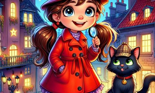 Élodie, une petite fille de 10 ans, se tient sur un toit en tuiles rouges, souriante, avec de longs cheveux bruns en couettes, un manteau rouge et un chapeau de détective. Elle tient une loupe et un carnet, prête à résoudre des mystères. À ses côtés, Monsieur Beignet, un chat noir aux yeux verts, l'observe avec curiosité. Le décor urbain est féerique, avec des immeubles anciens, des cheminées fumantes et des étoiles dans le ciel nocturne. Élodie et Monsieur Beignet regardent un esprit farceur lumineux jonglant avec des objets volés, et Élodie s'apprête à lui parler pour lui proposer une idée amusante.