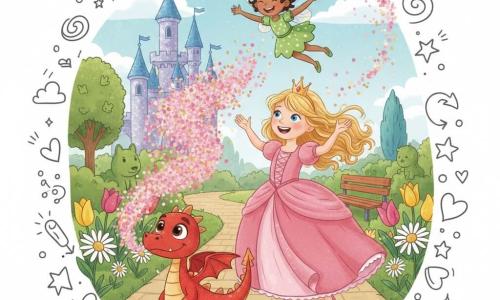 Petite princesse d'environ 6 ans, robe rose poudré à volants, couronne dorée simple, cheveux blonds bouclés, mains levées vers Flamme, un petit dragon roux à écailles brillantes et yeux malicieux qui souffle un nuage de paillettes roses et dorées ; la fée Poupette, petite comme un enfant de 5 ans, ailes multicolores translucides et robe verte à pois, virevolte en riant en laissant des traînées de paillettes ; jardin du château avec allée pavée, grandes fleurs colorées, buissons taillés, un banc en bois et en arrière-plan un château aux murs scintillants et tourelles bleues ; scène joyeuse et centrée où la princesse et le dragon dansent dans un nuage de paillettes, atmosphère lumineuse, couleurs vives, textures douces et contours arrondis, accueillante pour les tout-petits.