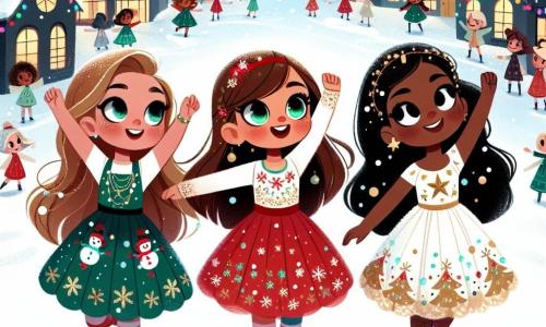 Trois filles, Lila, Mia et Zoé, se tiennent dans un village enneigé. Lila, 8 ans, a des cheveux bruns et porte une robe rouge avec des flocons de neige. Mia, 7 ans, a des cheveux blonds et une robe verte avec des rennes. Zoé, 9 ans, a des cheveux noirs et des lunettes rondes, vêtue d'une robe blanche avec des étoiles dorées. Le village est plein de maisons aux toits enneigés, illuminées par des guirlandes colorées, tandis que des flocons de neige tombent du ciel étoilé. Les trois amies dansent joyeusement dans la neige, les bras levés, émerveillées par la magie de Noël et le vœu qu'elles ont fait ensemble.
