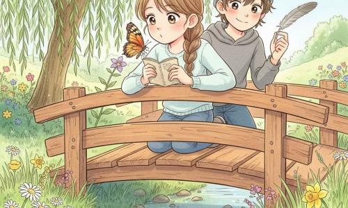 Lina, 12 ans, visage expressif, cheveux châtain clair en tresse lâche, tient un petit carnet et un crayon sur la rambarde d’un pont en bois tandis qu’un papillon orange et noir se pose sur une fleur mauve; Émile, aussi 12 ans, bonnet gris trop grand, posture détendue, se tient légèrement derrière elle en tenant une plume et observant le papillon; le pont étroit et usé surplombe un ruisseau clair aux cailloux brillants, rives d’herbes hautes et fleurs sauvages, un saule aux feuilles pendantes projette des ombres; lumière douce d’un après-midi de printemps, palette printanière pastel, style manga enfantin aux lignes nettes et texture aquarelle légère, composition centrée sur le visage émerveillé de Lina et le papillon.