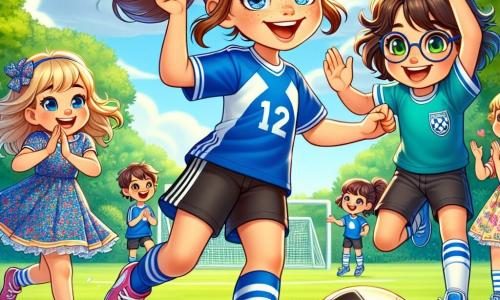 Clara, une fille de 12 ans avec des cheveux bruns en queue de cheval, sourit et dribble un ballon de football en portant un maillot bleu et un short noir. À sa droite, Lucas, un garçon de 8 ans aux cheveux en bataille et lunettes rondes, applaudit. À sa gauche, Léa, une fille de 9 ans avec des couettes et une robe colorée, sourit en tenant un drapeau de l'équipe. La scène se déroule dans un parc verdoyant avec un terrain de football, des arbres et un ciel bleu. Clara montre des techniques de football à un groupe d'enfants captivés, créant une ambiance de camaraderie et de joie.