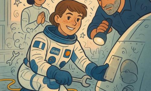 Louise, astronaute d’environ 30 ans, souriante et déterminée, en combinaison spatiale blanche et bleue avec patchs, cheveux courts châtains et taches de rousseur, à genoux serrant un boulon avec une clé, lumière chaude sur le visage; à sa droite un ingénieur d’environ 45 ans, barbe grise légère et visage concentré, penché vers le simulateur en tenant une lampe torche et montrant une plaque métallique; derrière elle à gauche une coéquipière d’environ 28 ans, cheveux noirs attachés et lunettes rondes, applaudissant doucement; grande salle d’entraînement spatiale au sol métallique texturé, outils colorés et câbles jaunes éparpillés, grand simulateur dôme argenté au centre et grande fenêtre sur un lever de soleil rose-orangé; l’équipe répare le simulateur ensemble, gestes précis et visages chaleureux et complices, ambiance d’entraide et de curiosité, avec doodles ludiques en overlay (étoiles, petits outils, flèches).