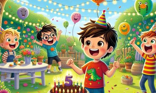 Dans un jardin ensoleillé, Max, un garçon de cinq ans avec des cheveux bruns et un t-shirt rouge à motifs de dinosaures, sourit en tenant un gâteau au chocolat. À côté de lui, Tom, un garçon aux cheveux blonds, danse avec un chapeau de fête coloré. Léo jongle avec des ballons en forme d'animaux, tandis qu'Hugo, un garçon aux cheveux roux, rit en essayant d'attraper un ballon qui s'envole. Le jardin est rempli de fleurs colorées, de ballons et d'une grande table décorée. La scène représente la fête d'anniversaire de Max, entouré de rires et de joie, prêt à déguster le gâteau.