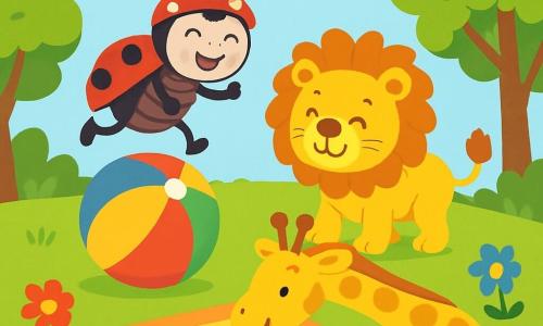 Une coccinelle nommée Coco, avec un chapeau rouge à pois blancs, saute joyeusement sur un ballon coloré. À côté d'elle, Léo le lion, avec sa crinière dorée ébouriffée, se tient prêt à sauter. Zoé la girafe, avec son long cou tacheté, se penche pour attraper un ballon. Le décor est une clairière ensoleillée entourée d'arbres et de fleurs colorées. Les animaux s'amusent ensemble sur un tapis de jeu, créant une ambiance joyeuse et festive.