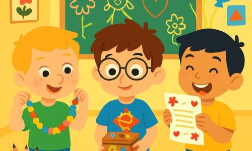 Trois garçons de 7 ans se trouvent dans une classe d'école primaire. Paul, au centre, a des cheveux bruns en bataille, des lunettes rondes, un t-shirt bleu et un short rouge. Il tient une boîte en bois décorée. Max, à gauche, a des cheveux blonds, des taches de rousseur, un t-shirt vert et un pantalon en jean, et montre un collier de pâtes colorées. Léo, à droite, a des cheveux noirs, un t-shirt jaune et un short bleu, et tient un poème décoré. La classe est joyeusement décorée pour la fête des mères, avec des ballons et des dessins d'enfants. Les garçons préparent leurs cadeaux avec des sourires éclatants.