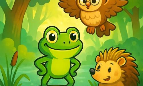 Une petite grenouille nommée Rainette, avec une peau verte éclatante et des yeux curieux, se tient sur un nénuphar au centre d'un étang, affichant une expression déterminée et joyeuse. À ses côtés, Gaspard le hérisson, avec ses piquants dorés et son sourire malicieux, observe attentivement, tandis qu'Hulotte la chouette, perchée sur une branche, déploie ses grandes ailes avec une expression sage. En arrière-plan, la forêt émeraude s'étend, avec des arbres majestueux et des rayons de soleil filtrant à travers la canopée. La scène représente Rainette et ses amis unis, prêts à affronter la sorcière Brume, avec des couleurs vives qui capturent l'esprit d'aventure et d'amitié de l'histoire.