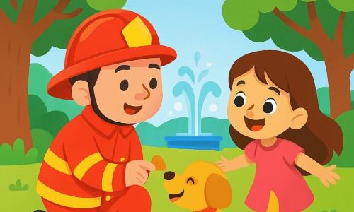 Un pompier nommé Paul est à genoux dans un parc verdoyant, souriant. Il porte un uniforme rouge vif et tend une friandise à un petit chien doré qui remue la queue. Près de lui, une petite fille d'environ 7 ans, avec de longs cheveux bruns et une robe rose, regarde la scène avec excitation, les bras écartés. Le parc est rempli d'arbres, de fleurs colorées et d'une fontaine scintillante. Paul réconforte le chien perdu en lui offrant un biscuit, tandis que la petite fille attend son retour avec impatience.