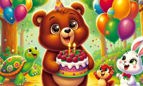 Un petit ours brun nommé Grizz, avec un pelage doux et des yeux pétillants, se tient au centre de la clairière, un grand gâteau aux baies dans les pattes, rayonnant de bonheur. À sa droite, Benny, un lapin blanc aux grandes oreilles, saute de joie avec une guirlande de fleurs. À sa gauche, Tilly, une tortue verte, applaudit, tandis que Sacha, un écureuil roux, agite des ballons multicolores. La clairière, baignée par la lumière dorée du soleil couchant, est entourée d'arbres verts et de fleurs éclatantes, créant une ambiance festive. Grizz et ses amis célèbrent son anniversaire dans un moment de bonheur et d'amitié.