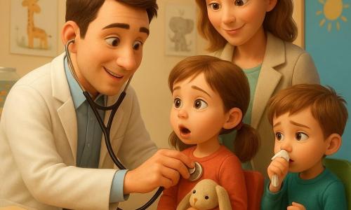 Un docteur souriant d’environ 30–40 ans en blouse blanche est accroupi et tend son stéthoscope vers Lila, une fillette de 4–5 ans aux couettes tenant un doudou lapin beige ; la maman, la main sur l’épaule de Lila, sourit derrière elle ; Noé, 5 ans, assis sur une chaise verte, tient un mouchoir et imite une toux dans son coude ; la salle d’attente/consultation est lumineuse et colorée (murs crème, porte bleue, aquarium, affiches d’animaux), ambiance douce, sûre et rassurante lors d’un examen calme.