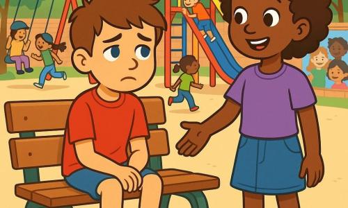 Lucas, un garçon de 10 ans aux cheveux châtains et aux yeux bleus, porte un tee-shirt rouge et un short en jean. Il a une expression de tristesse mêlée d'espoir, assis seul sur un banc dans une cour d'école. À côté de lui, Fatoumata, une fille de 10 ans aux cheveux bouclés et aux yeux noisette, sourit chaleureusement en portant un tee-shirt violet et une jupe en denim. La cour est animée d'enfants de différentes origines, avec des jeux colorés et des arbres verdoyants en arrière-plan. Lucas, un peu triste, est rejoint par Fatoumata qui lui propose de jouer, symbolisant l'amitié et l'acceptation malgré les différences.