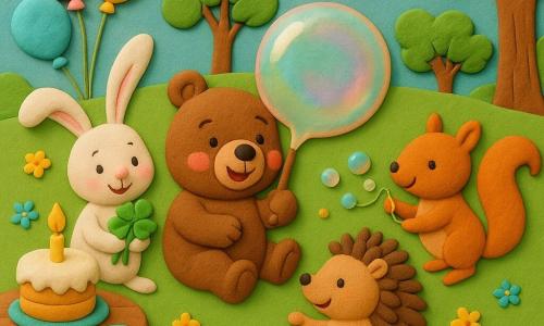 Notreson, petit ourson brun pelucheux aux joues rosies, souffle une grande bulle de savon irisée avec une baguette; à gauche, Lapin, lapin blanc aux longues oreilles, saute en souriant en tenant un bouquet de trèfles; à droite, Écureuil, petit écureuil roux, tient une ficelle formant une chaîne de bulles scintillantes; devant la table, Hérisson, hérisson marron aux piquants arrondis, agite une guirlande de mini-pommes rouges; dans une clairière d'herbe verte parsemée de fleurs et entourée d'arbres sous un soleil doré, une table basse porte un gâteau à glaçage crème avec une bougie étoile, assiettes colorées et ballons pastel; scène joyeuse aux couleurs pastel et textures lisses, centrée sur la grande bulle brillante et les visages rieurs.
