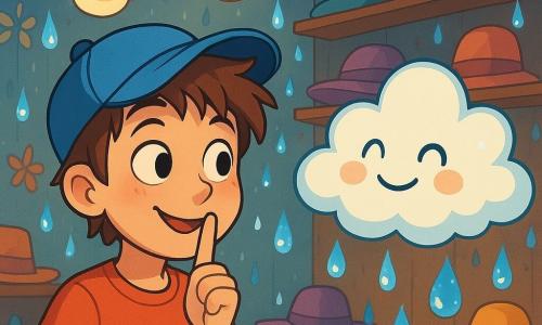 Un garçon de 12 ans, Milo, aux cheveux bruns en bataille et portant une casquette bleue, se tient au centre de l'image, les yeux écarquillés de curiosité et un sourire malicieux. Il est entouré de gouttes de pluie scintillantes, créant une atmosphère magique. À sa droite, un nuage amical nommé Nunuage, avec un visage souriant et des gouttes d'eau brillantes, semble joyeux et prêt à écouter l'histoire de Milo. En arrière-plan, le Salon des Chapeaux présente des étagères en bois chargées de chapeaux colorés, des capelines dansant et des lampes en forme de nuage diffusant une lumière chaleureuse. Milo raconte une histoire à voix basse, tandis que Nunuage l'écoute attentivement, entouré de gouttes de pluie tombant doucement, créant une ambiance joyeuse.